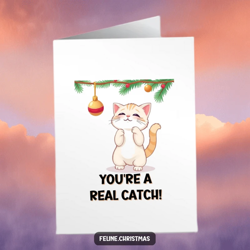 Funny free printable congratulations card: Kawaii cat batting playfully at a dangling Christmas ornament, spreading cheer.