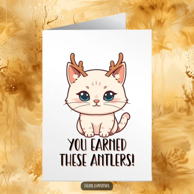 Funny Free Printable Congratulations Card: A cat sporting tiny reindeer antlers with a mischievous grin, celebrating success with humor.