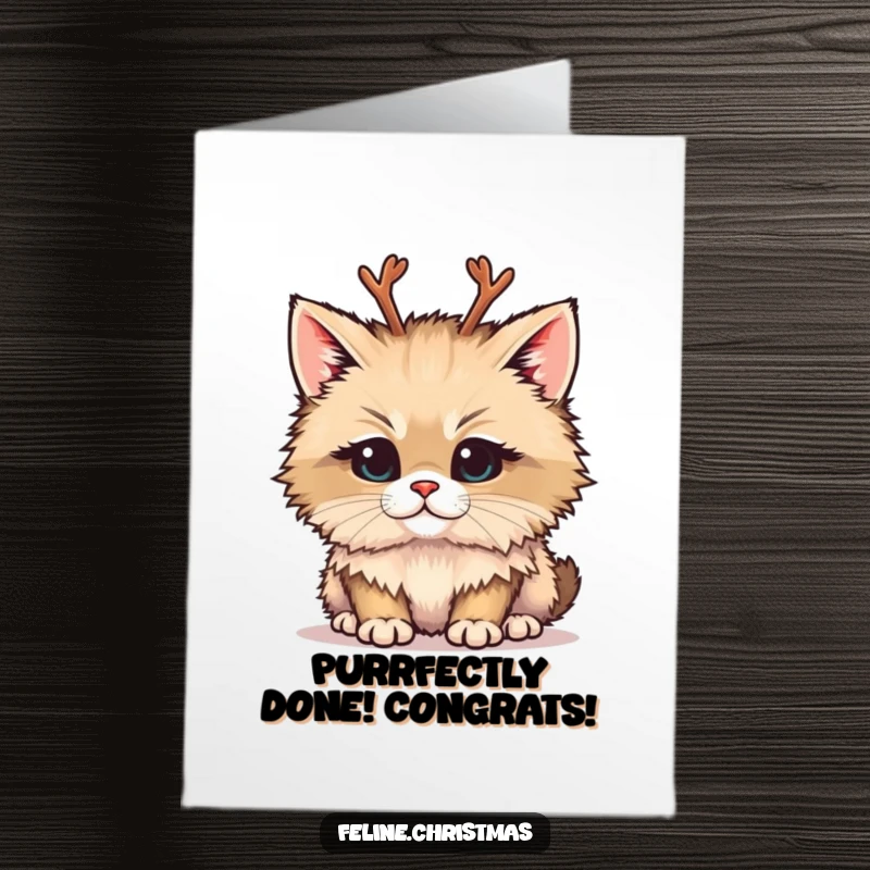 Funny Free Printable Congratulations Card: A fluffy cat wears tiny reindeer antlers with a gleefully mischievous expression.