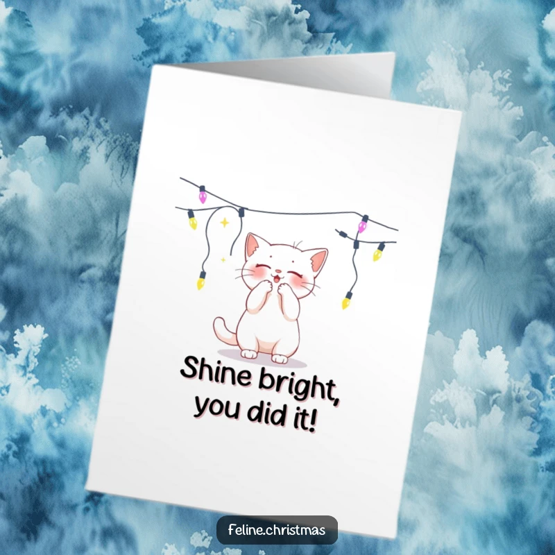 Funny free printable congratulations card of a white cat playfully batting at a string of bright, colorful lights.