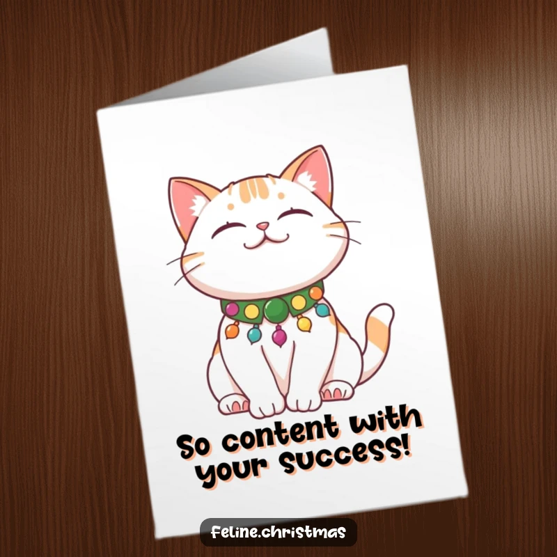 Funny Free Printable Congratulations Card: A cat in a festive collar stretches contentedly, symbolizing relaxed success and happiness.