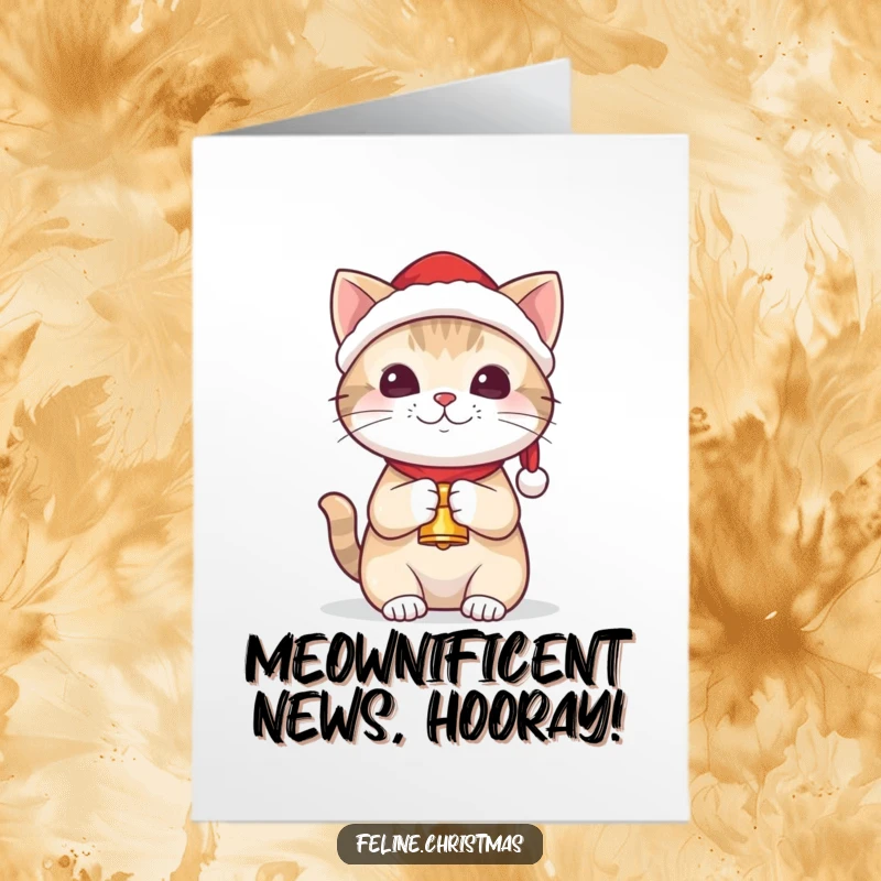Funny free printable congratulations card: Kawaii cat in Santa hat holding a tiny bell, ready for festive greetings.