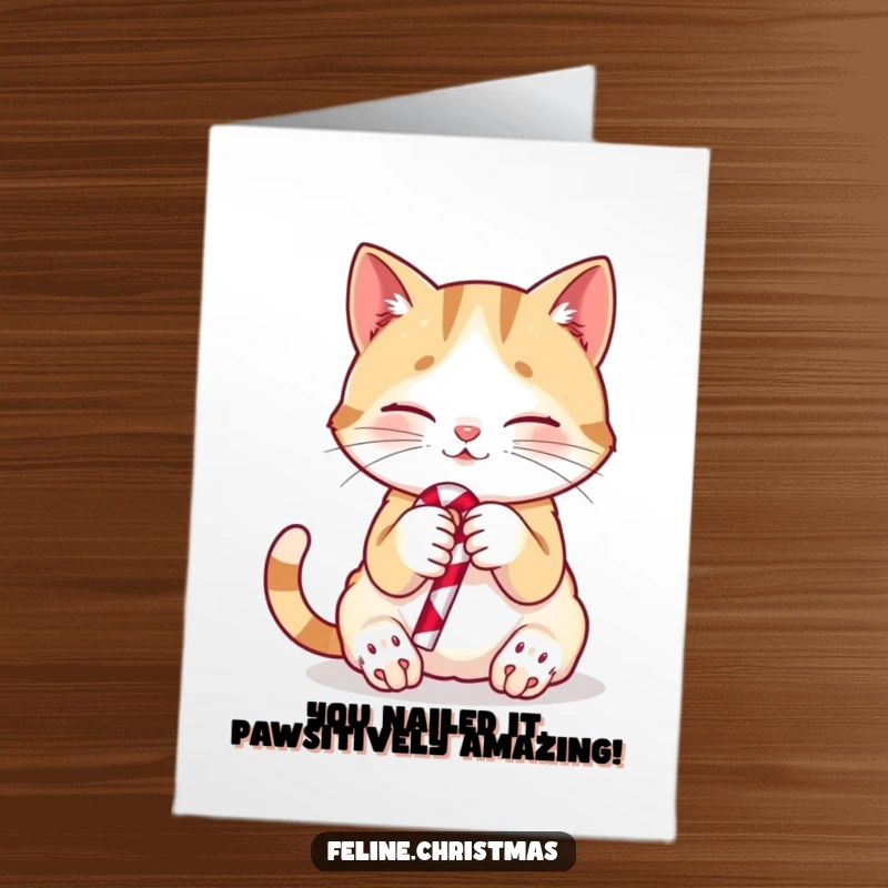 Free Printable Congratulations Card showing a happy purring cat holding a small candy cane, spreading cheer.