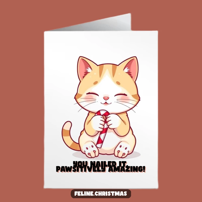 Free Printable Congratulations Card: Purring Cat with Candy Cane - Joyful Downloadable Gift