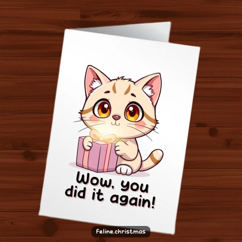 Funny Free Printable Congratulations Card: A cat's wide eyes show pure surprise at a radiant glowing present, celebrating achievements brightly.