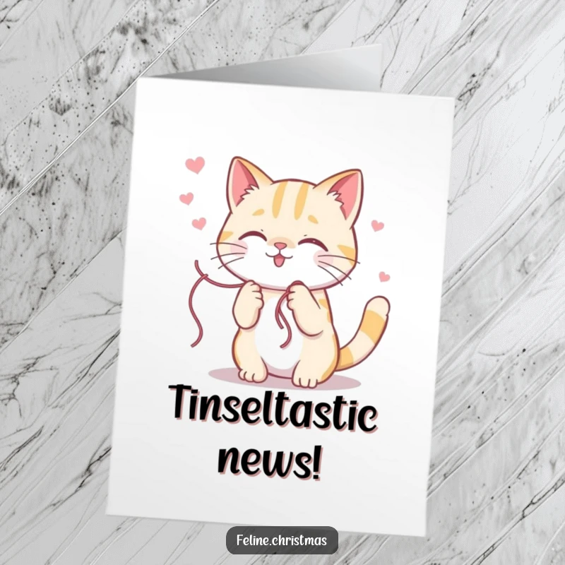 Funny Free Printable Congratulations Card: A kawaii cat adorably tangled in a string of festive tinsel, celebrating a big win.