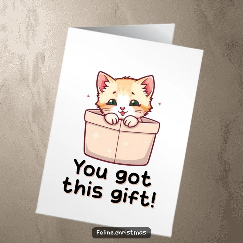 Funny free printable congratulations card: A happy kitten rests inside a gift box, conveying warm wishes for your success.