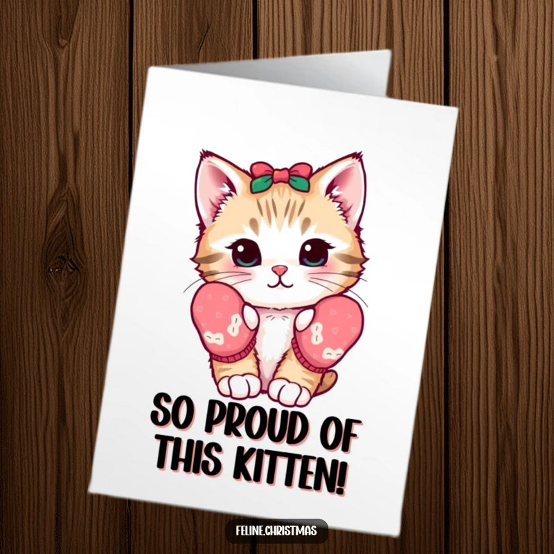 Funny Free Printable Congratulations Card: Curious kawaii kitten in mittens, looking amazed at success.