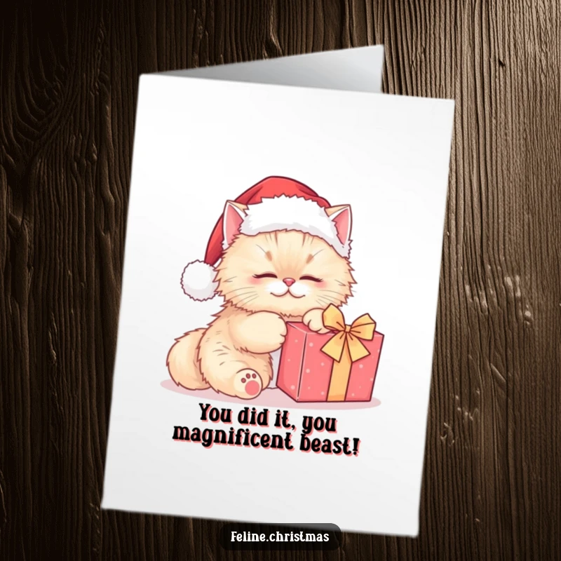 Funny free printable congratulations card featuring a kawaii Persian cat in a Santa hat kneading a present, full of joy.