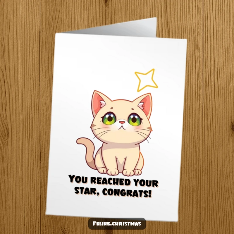 Free Printable Congratulations Card: A cat with bright eyes looks up with hope towards a prominent, shining star, symbolizing success.