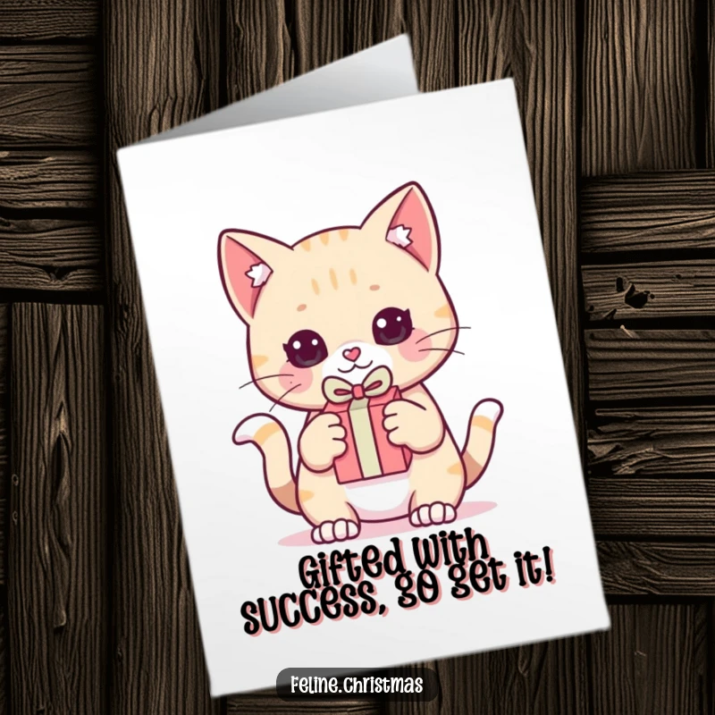 Funny Free Printable Congrats Card: Kawaii cat holding a small gift, poised to pounce, celebrating your big win.
