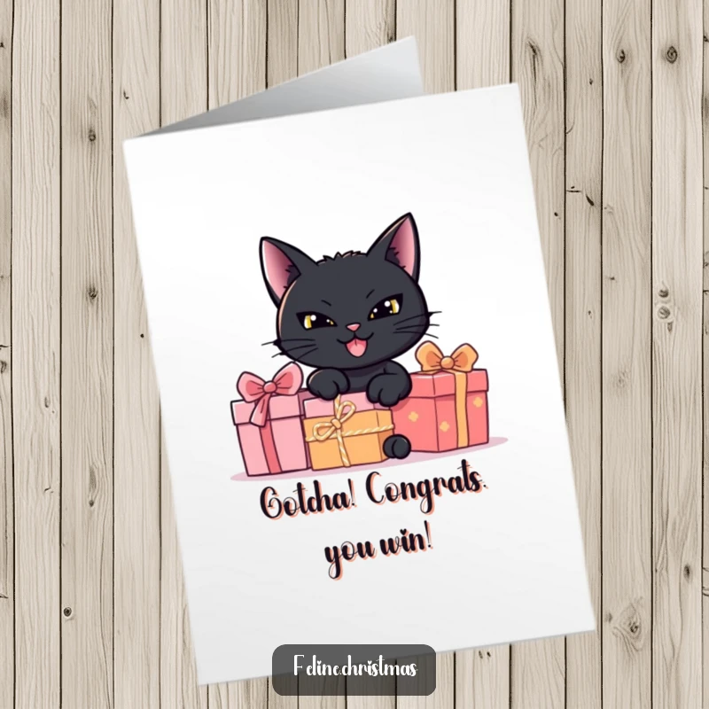 Funny free printable congratulations card of a black cat with a mischievous grin hiding behind holiday presents.