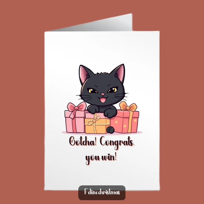 Free Printable Congrats Card: Black Cat Hiding Gifts for a Sneaky Win!