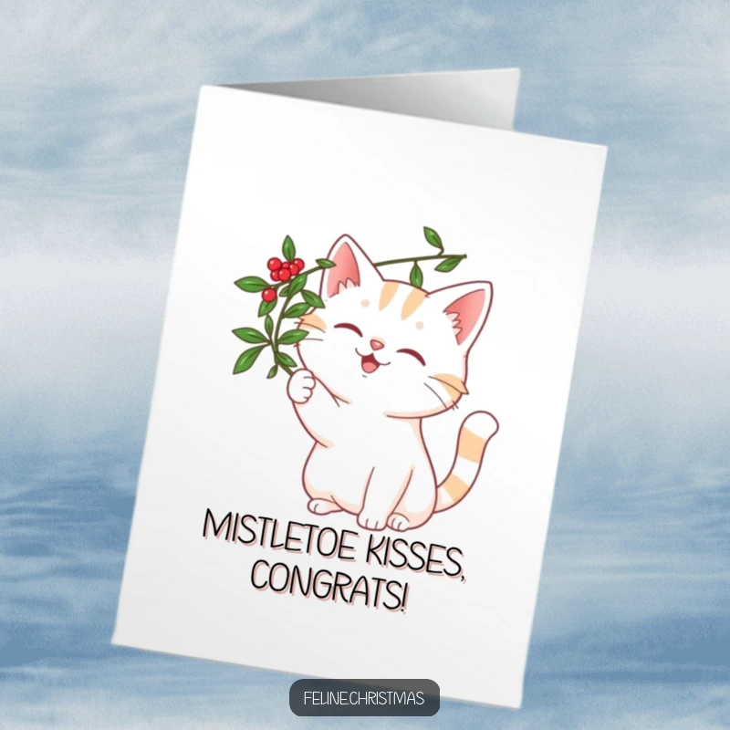 Funny Free Printable Congratulations Card: A smiling cat batting playfully at a mistletoe sprig, celebrating achievements with a festive wink.