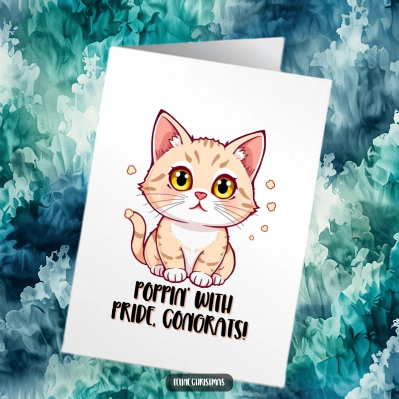 Free Printable Congratulations Card: A cat with intensely bright eyes stares, captivated by the motion of bouncing popcorn.