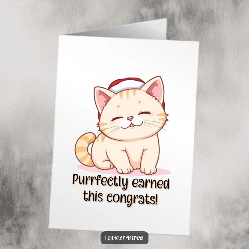 Free Printable Congratulations Card: A cat in a small Santa hat lounges, stretching with a lazy, knowing smile.