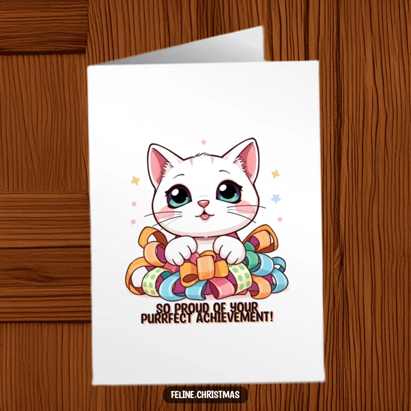 Funny Free Printable Congrats Card: Adorable kawaii cat with big eyes curiously peeking from festive ribbon.