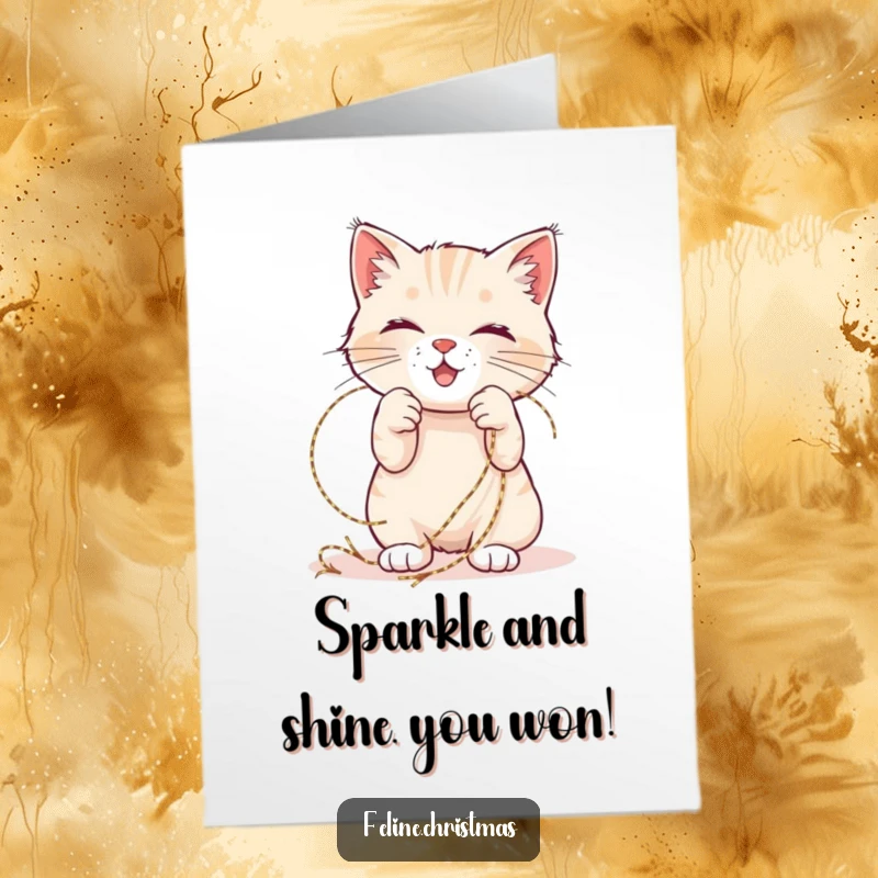 Funny Free Printable Congratulations Card: Cat Joyfully Playing with Shimmering Tinsel, Celebrating Success