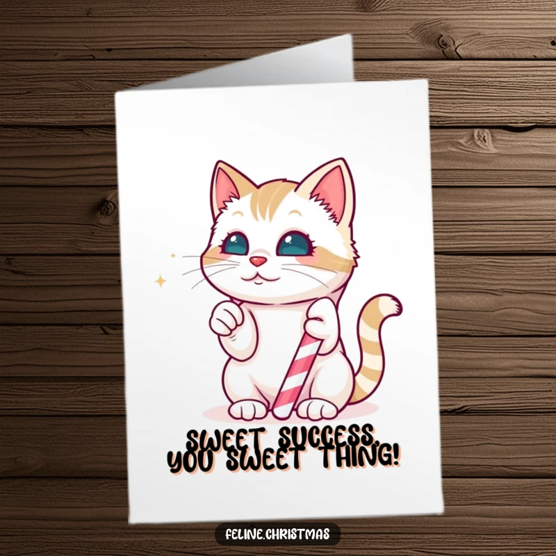 Funny Free Printable Congrats Card: Kawaii cat batting at a magical candy cane, celebrating a sweet achievement.