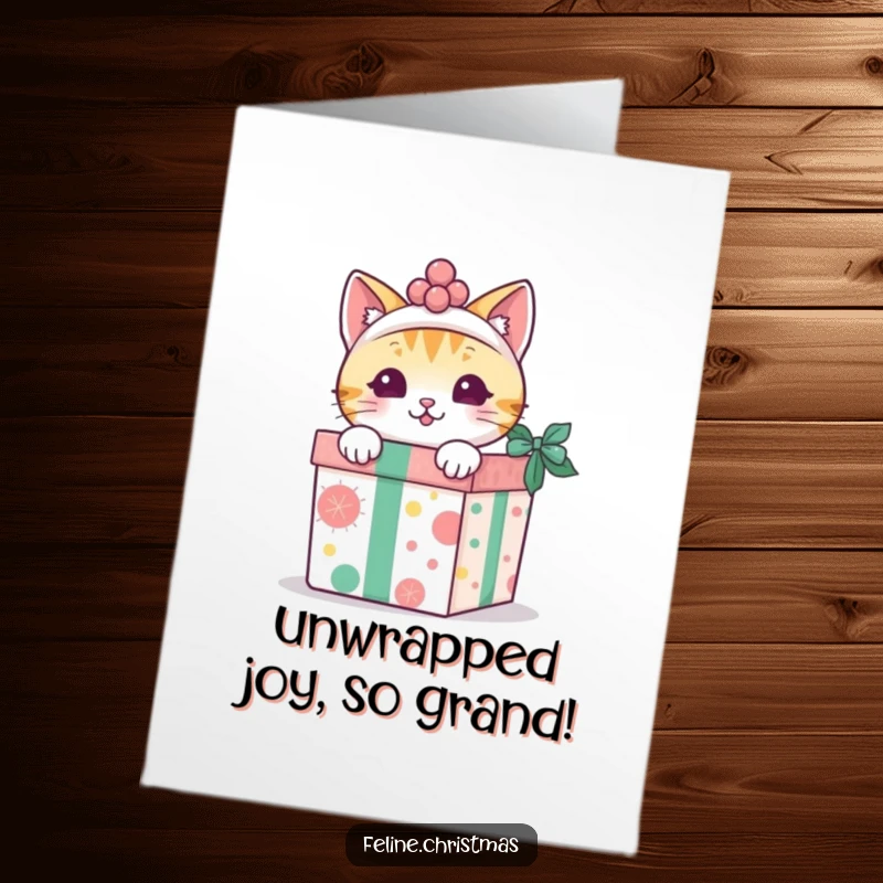 Funny free printable congratulations card: Festive kawaii cat peeking joyfully from a decorated gift box, celebrating achievements.