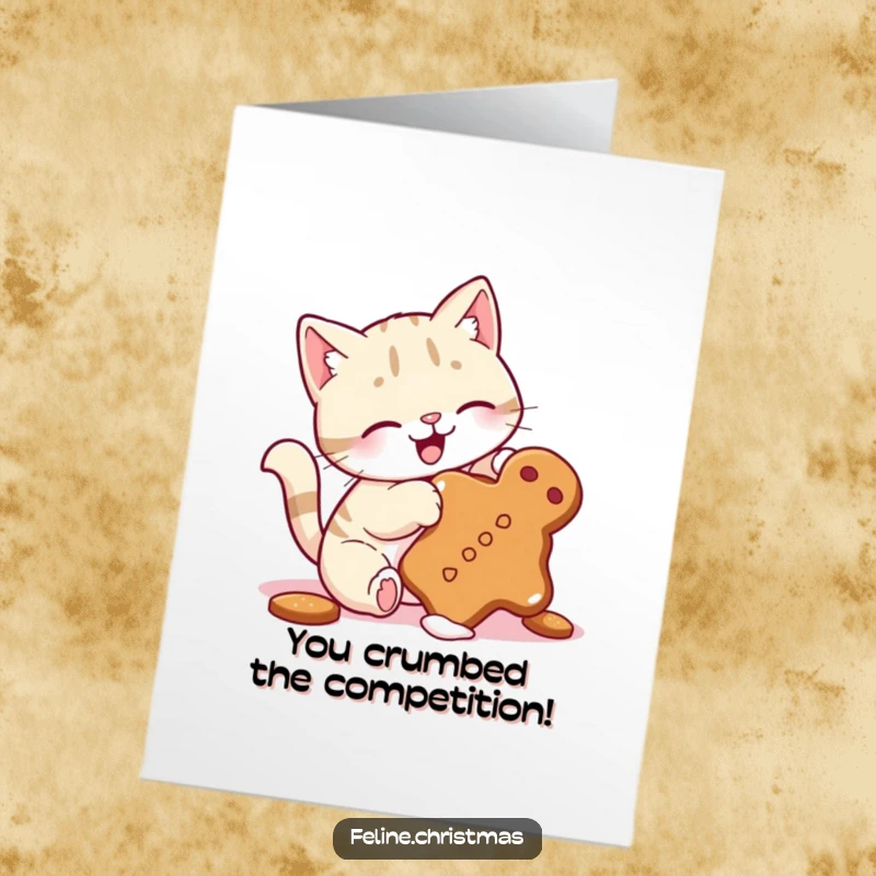Funny Free Printable Congrats Card: Cat with wagging tail batting a gingerbread cookie falling, playful action.