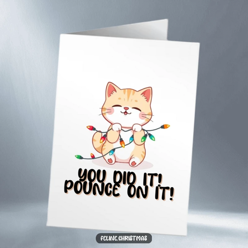 Funny Free Printable Congrats Card: Kawaii cat playfully tangled in festive lights, celebrating success with energetic chaos.