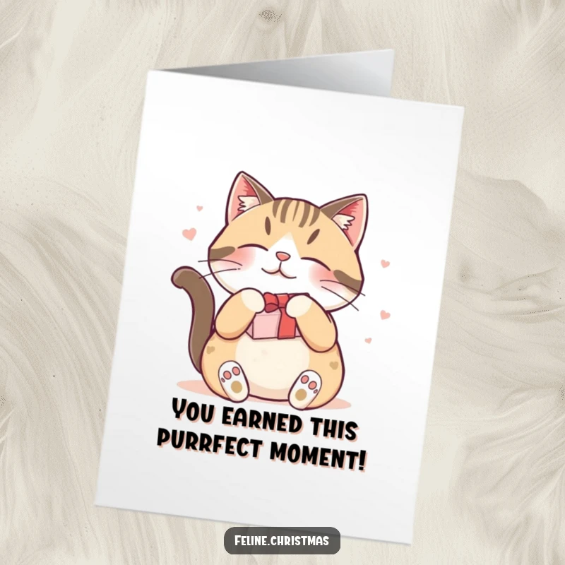 Funny Free Printable Congratulations Card: Content cat shows pure bliss while rubbing against a holiday gift.