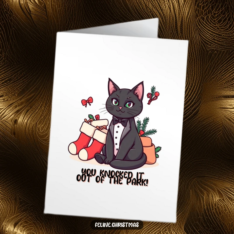 Funny Free Printable Congrats Card: Tuxedo cat sits regally beside a pile of stockings, seemingly celebrating an achievement.