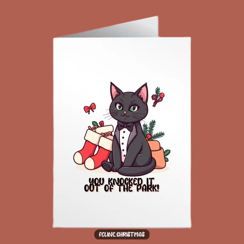 Free Printable Congrats Card: Tuxedo Cat Celebrates with Stockings - Downloadable