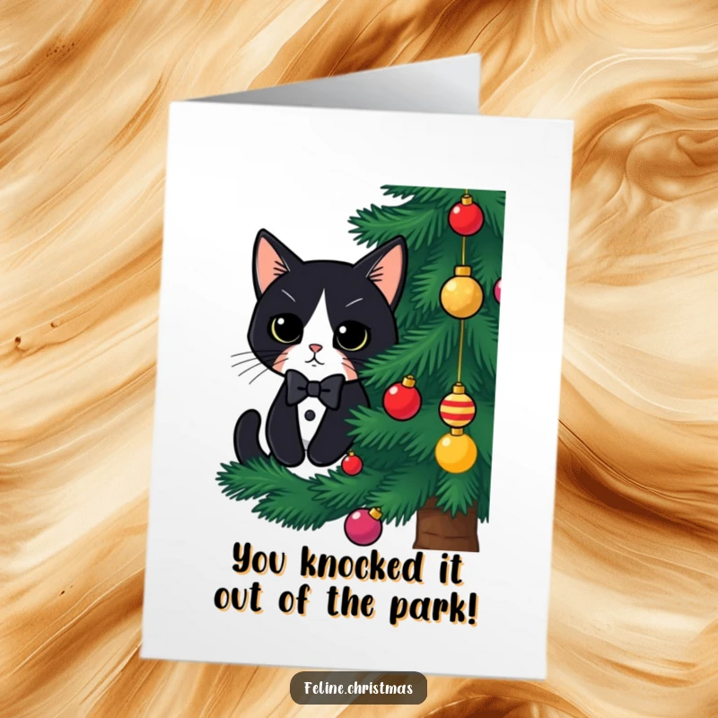 Funny free printable congratulations card with a kawaii tuxedo cat peeking from behind a Christmas tree in a festive bow tie.