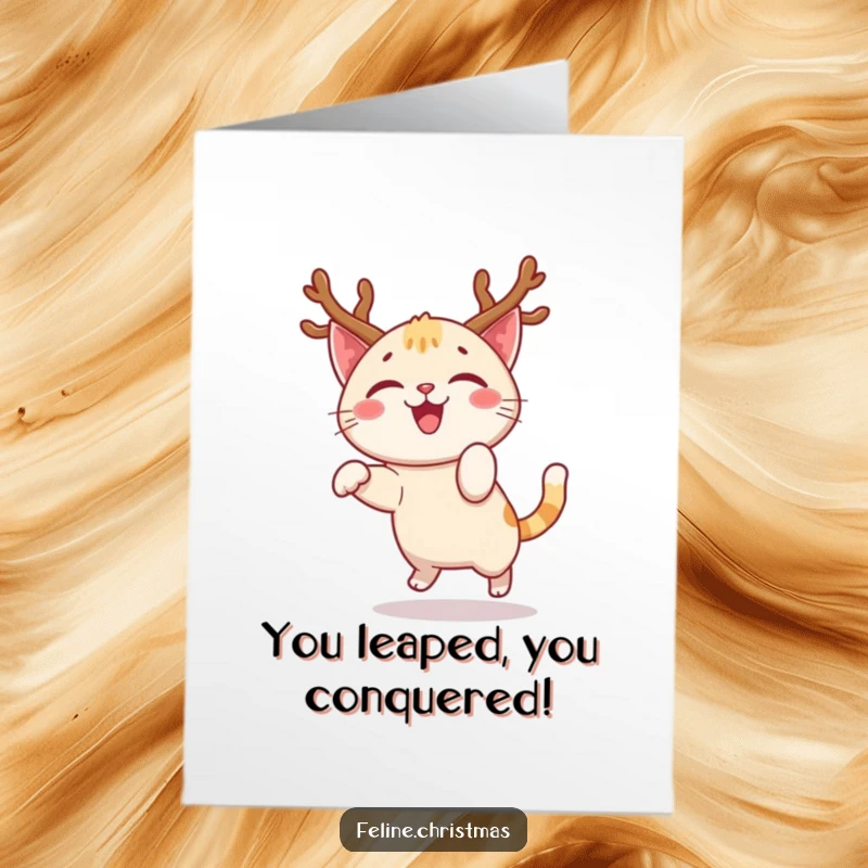 Funny Free Printable Congrats Card: Happy cat wearing antlers, doing a joyful pounce, celebrating success.