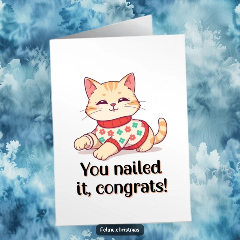 Free Printable Congratulations Card: A cute cat relaxing in a cozy, festive sweater stretches languidly.