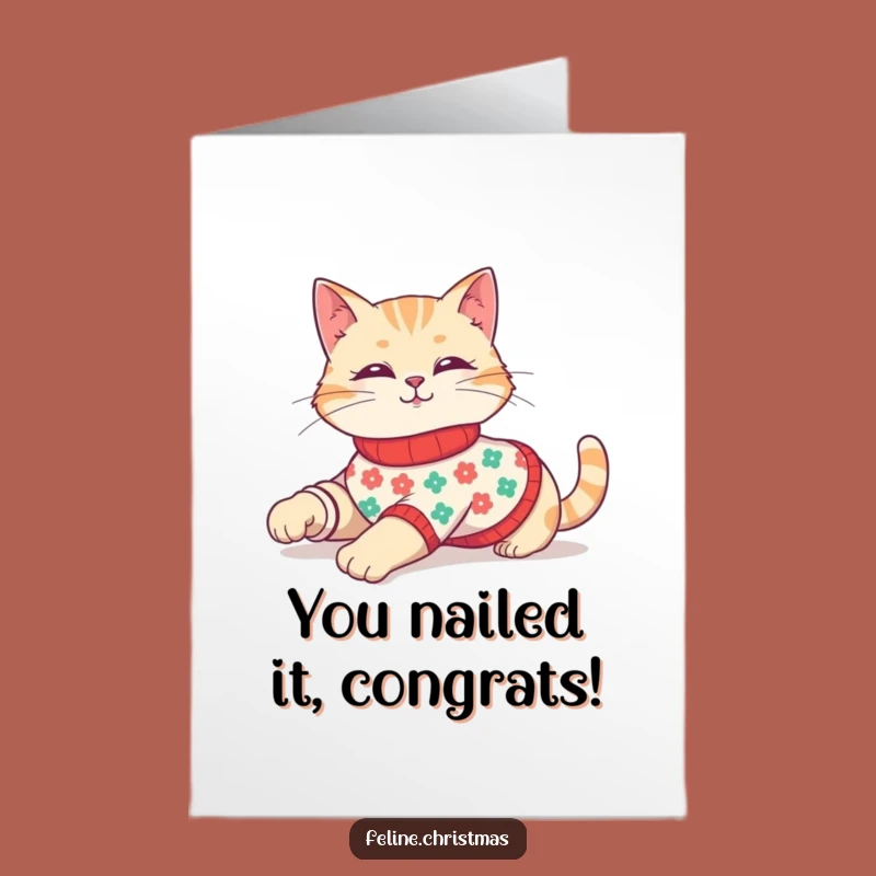 Free Printable Congrats Card: Festive Cat in Sweater, Perfect Downloadable Celebration Gift