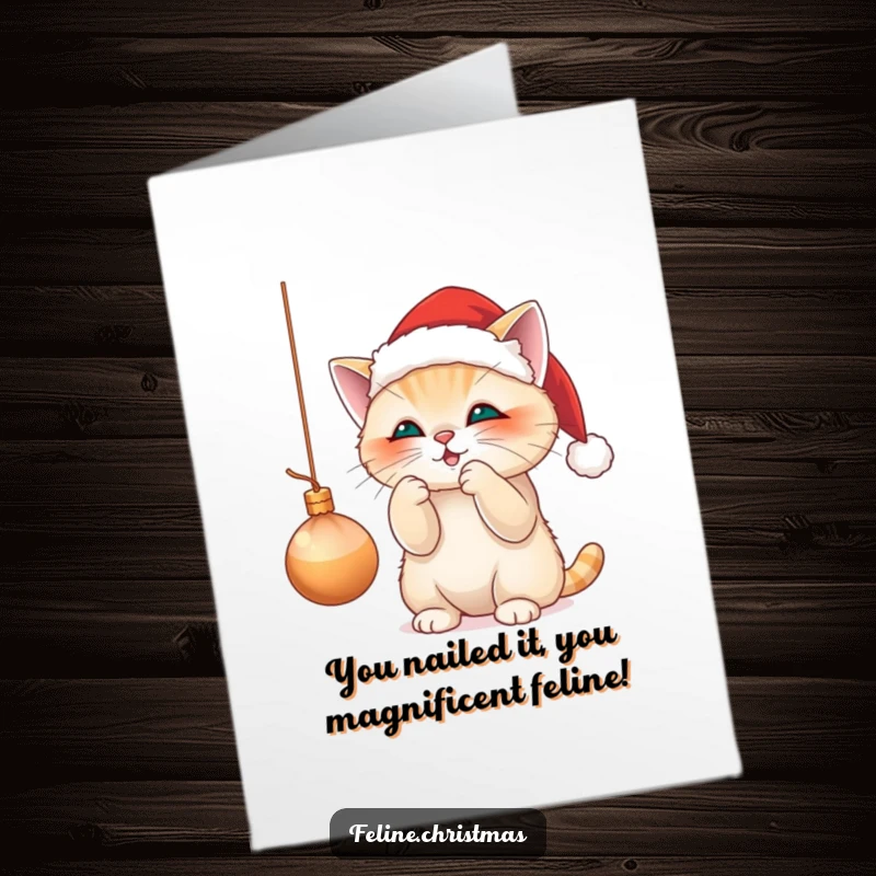 Funny Free Printable Congrats Card: Santa cat happily batting a shiny Christmas ornament, spreading cheer.