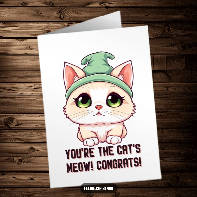 Funny Free Printable Elf Cat Congrats Card of a cute ragdoll cat in an elf hat with big eyes.