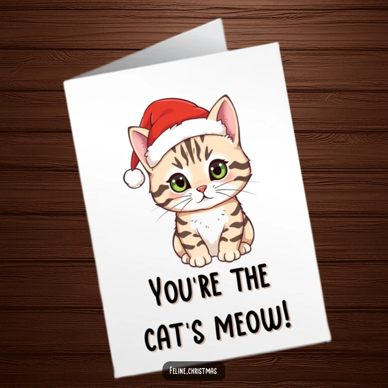Funny Free Printable Congratulations Card: Tabby cat dons a Santa hat, looking inquisitively.