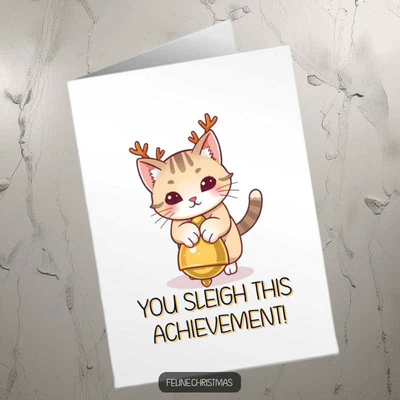 Funny Free Printable Congratulations Card showing a cat with small antlers preparing to pounce on a jingle bell, celebrating success.