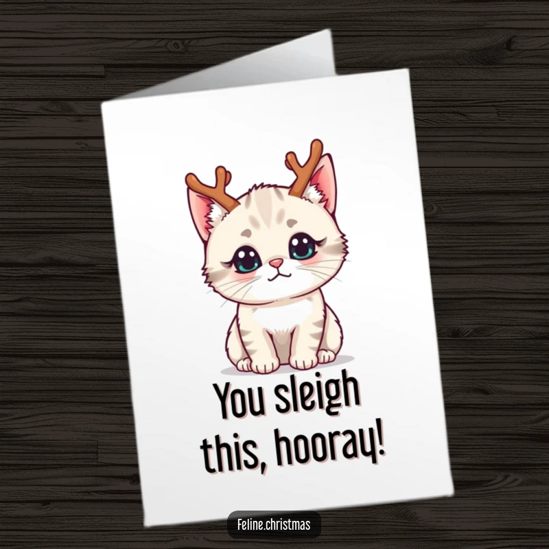 Funny free printable congratulations card: Kawaii cat sporting tiny reindeer antlers with a curious, inquisitive expression.