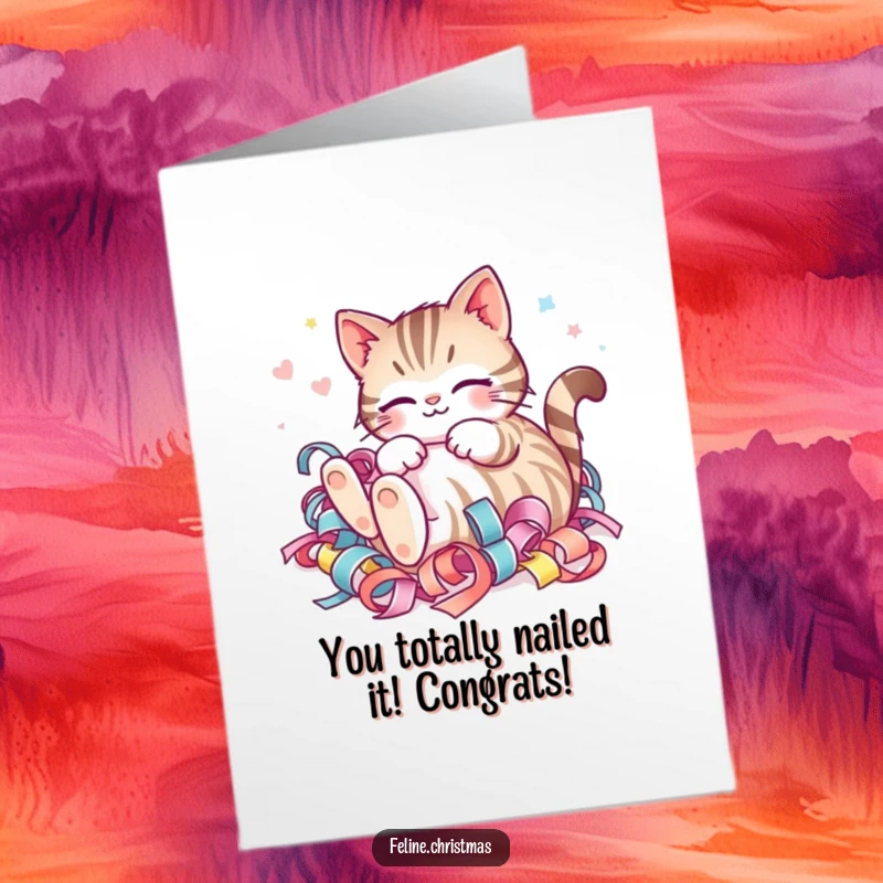 Funny Free Printable Striped Cat Congrats Card featuring a kawaii striped cat joyfully rolling in ribbon.