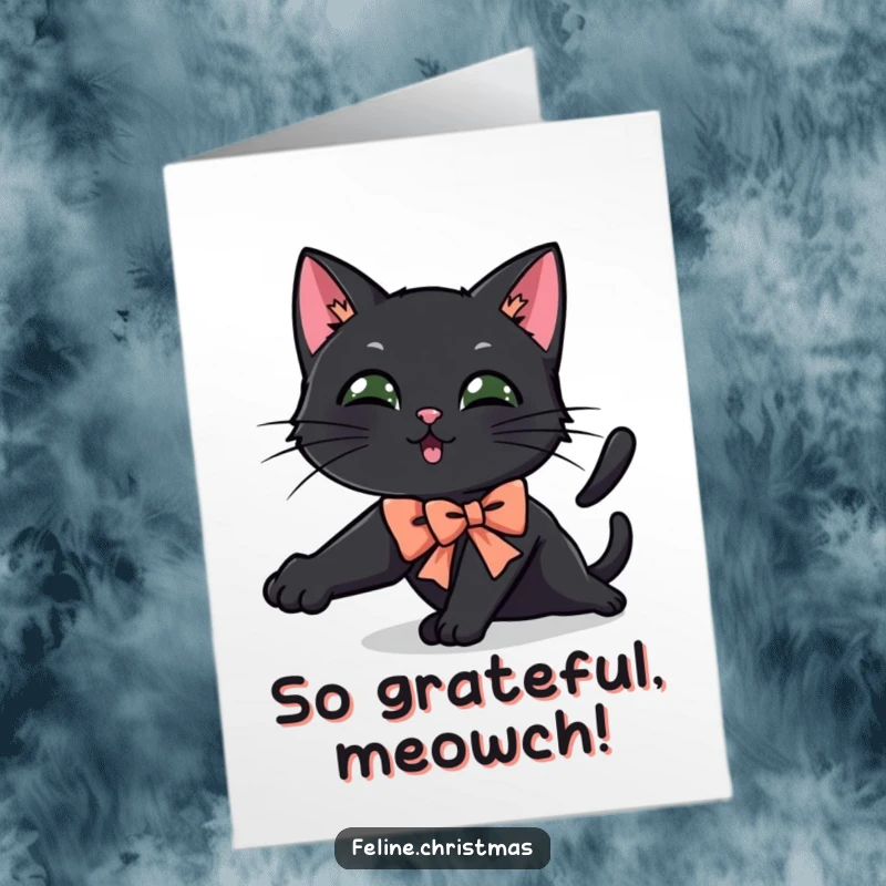 Funny Free Printable Thank You Card: Adorable black cat with a festive bow, stretching playfully.