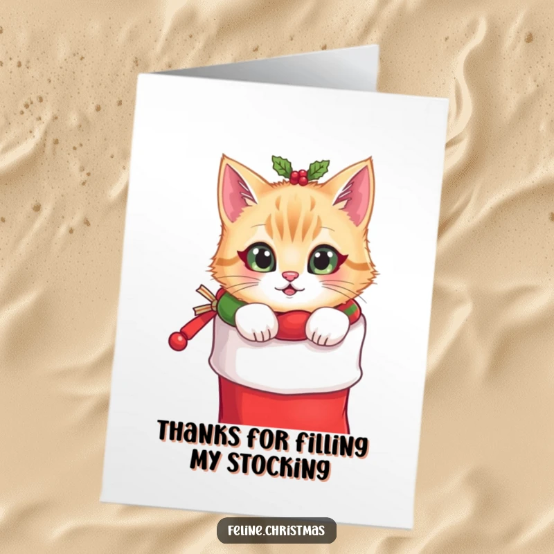 Funny Free Printable Thank You Card: Cat with festive collar peeking from stocking, sending warm thanks.