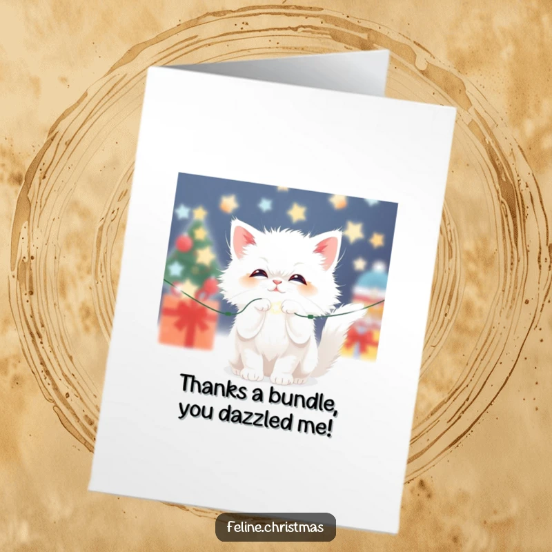 Funny Free Printable Christmas Cat Thank You Card of a cute fluffy white cat batting at twinkling lights.