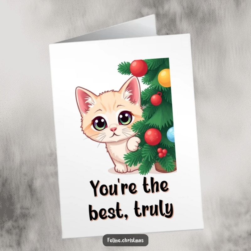 Funny Free Printable Thank You Card: Cat Peeking Behind Christmas Tree, Eyes Wide, Sending Thanks