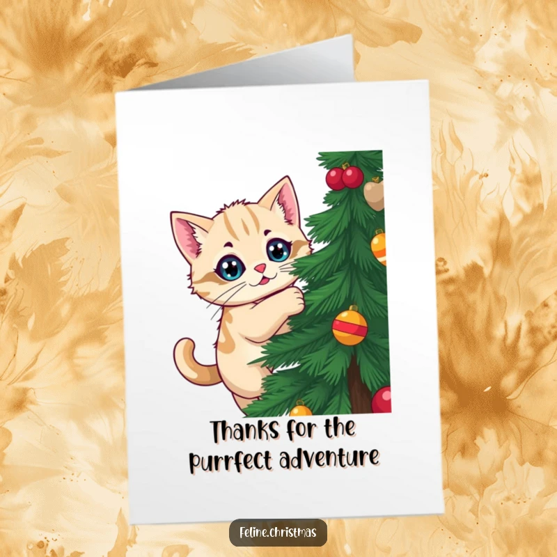 Funny Free Printable Thank You Card: A kawaii cat wide-eyed climbing a Christmas tree, a playful downloadable.