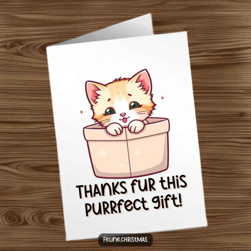 Funny free printable thank you card: A content kitten is nestled inside a gift box, offering a sweet and fuzzy thank you.