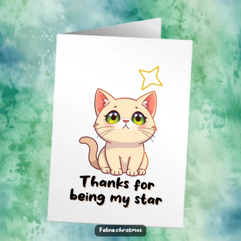 Free Printable Thank You Card: A cat with bright, expressive eyes fixated on a luminous, shining star, conveying heartfelt thanks.