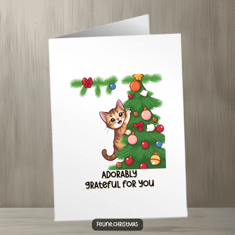 Funny Free Printable Thank You Card featuring a playful tabby cat climbing a Christmas tree, a sweet and humorous downloadable.