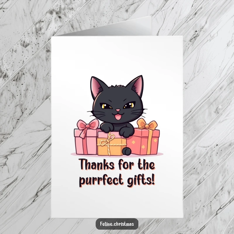 Funny free printable thank you card showing a black cat with a mischievous grin hiding behind gift boxes.