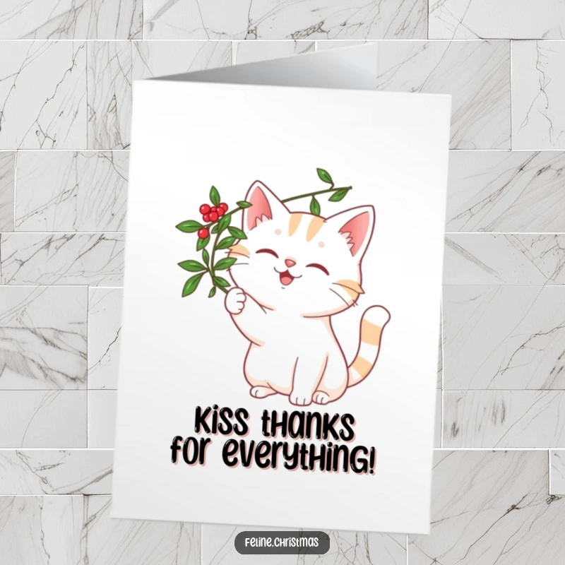 Funny Free Printable Thank You Card: A happy cat batting playfully at a mistletoe sprig, sending thanks with a smile.