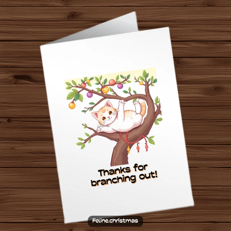 Funny Free Printable Thank You Card: A relaxed cat stretching elegantly on a decorated tree branch, expressing gratitude.
